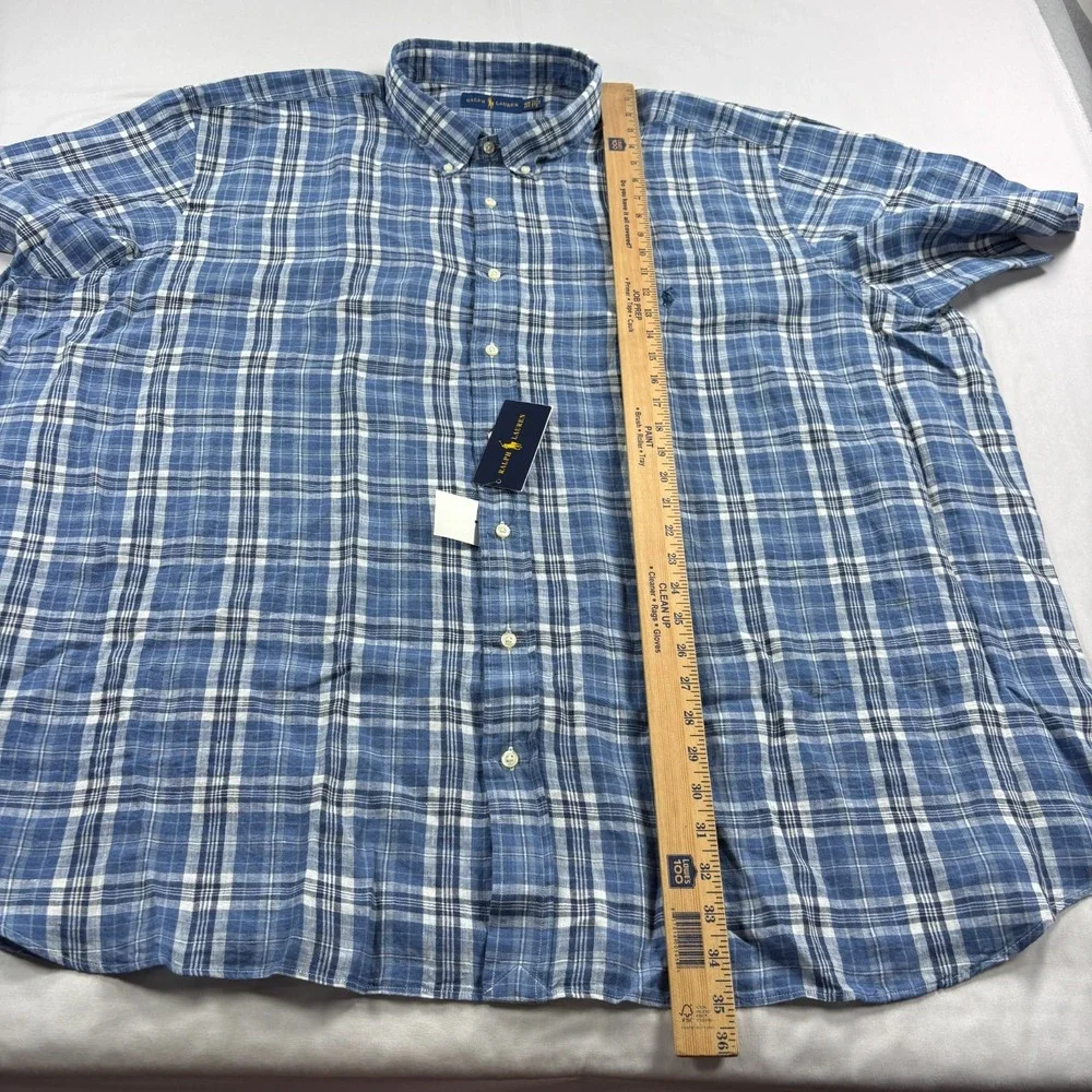 Polo Ralph Lauren Linen Shirt Mens 4XB Big Blue Plaid Button Up Beach NEW